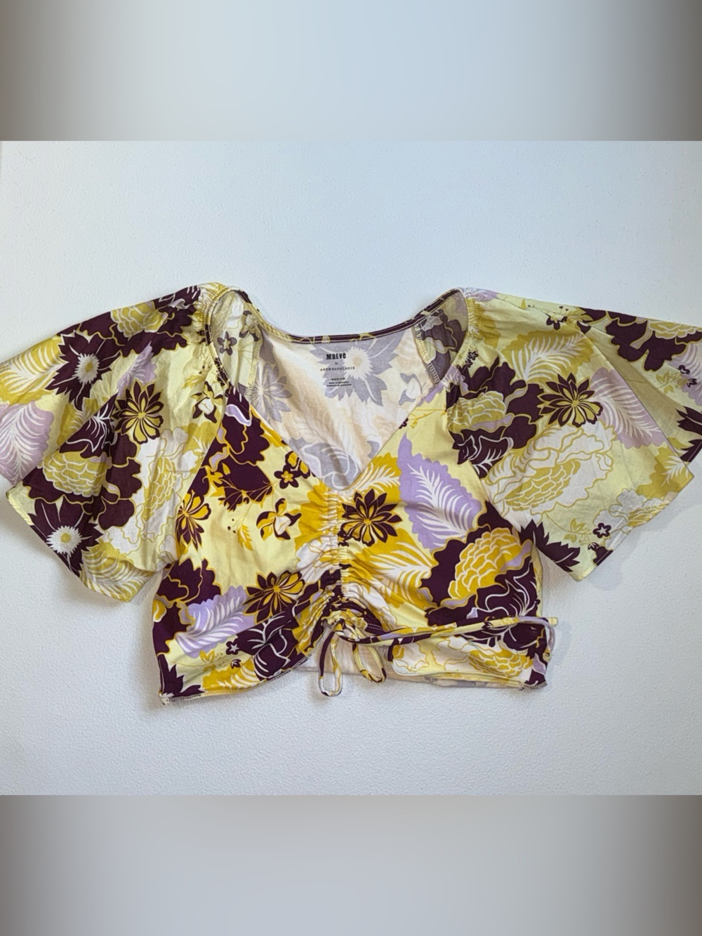Anthropologie Maeve Cinched Flutter Sleeve Floral Top Yellow Purple Medium Boho - Picture 11 of 13